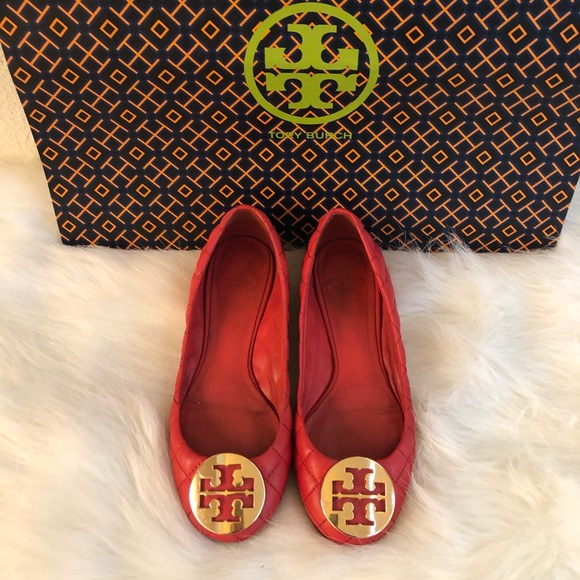 Tory Burch Shoes - Tory Burch red quilted gold logo flats 6